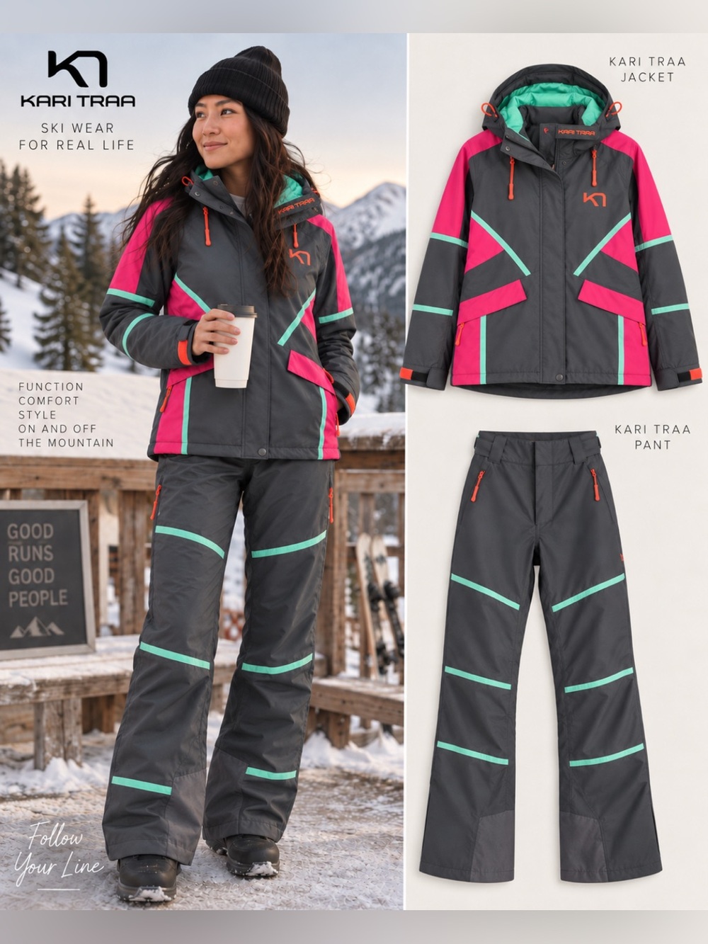 Kari Traa Women’s Ski Jacket + Snow Pants Set | Charcoal Pink Mint | Size M
